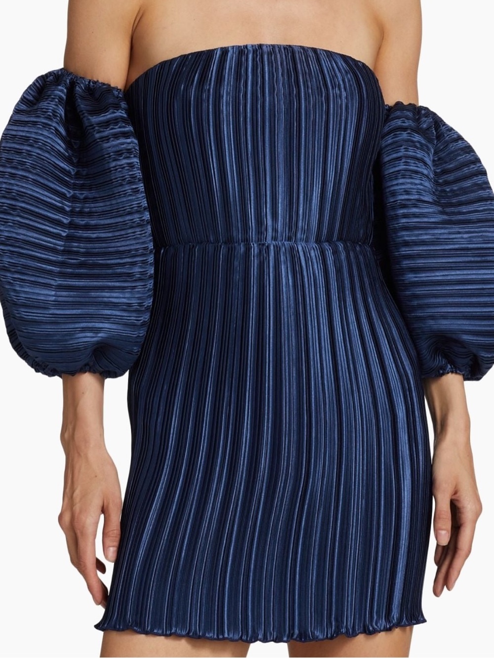 Strapless Navy Pleated Mini Dress with Statement Puff Sleeves